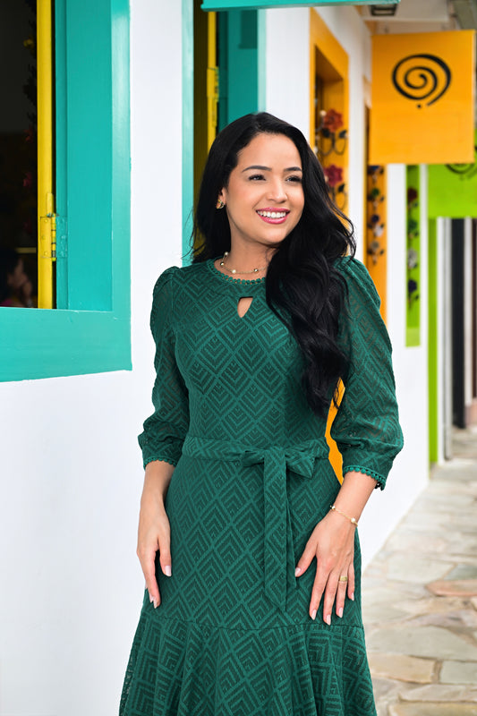 Vestido Geométrico Fit & Flare | Verde Esmeralda