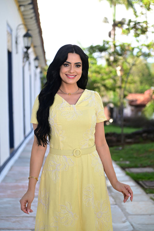 Vestido Bordado Cordoné | Butter Yellow