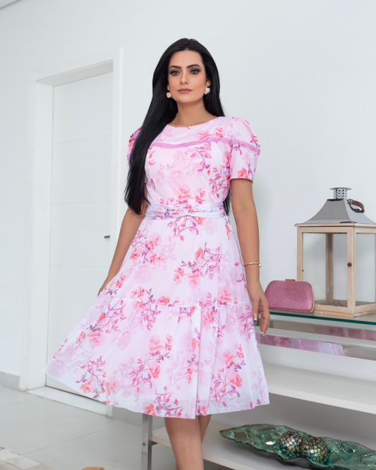 Vestido Estampado Tule Forrado | Fucsia Floral