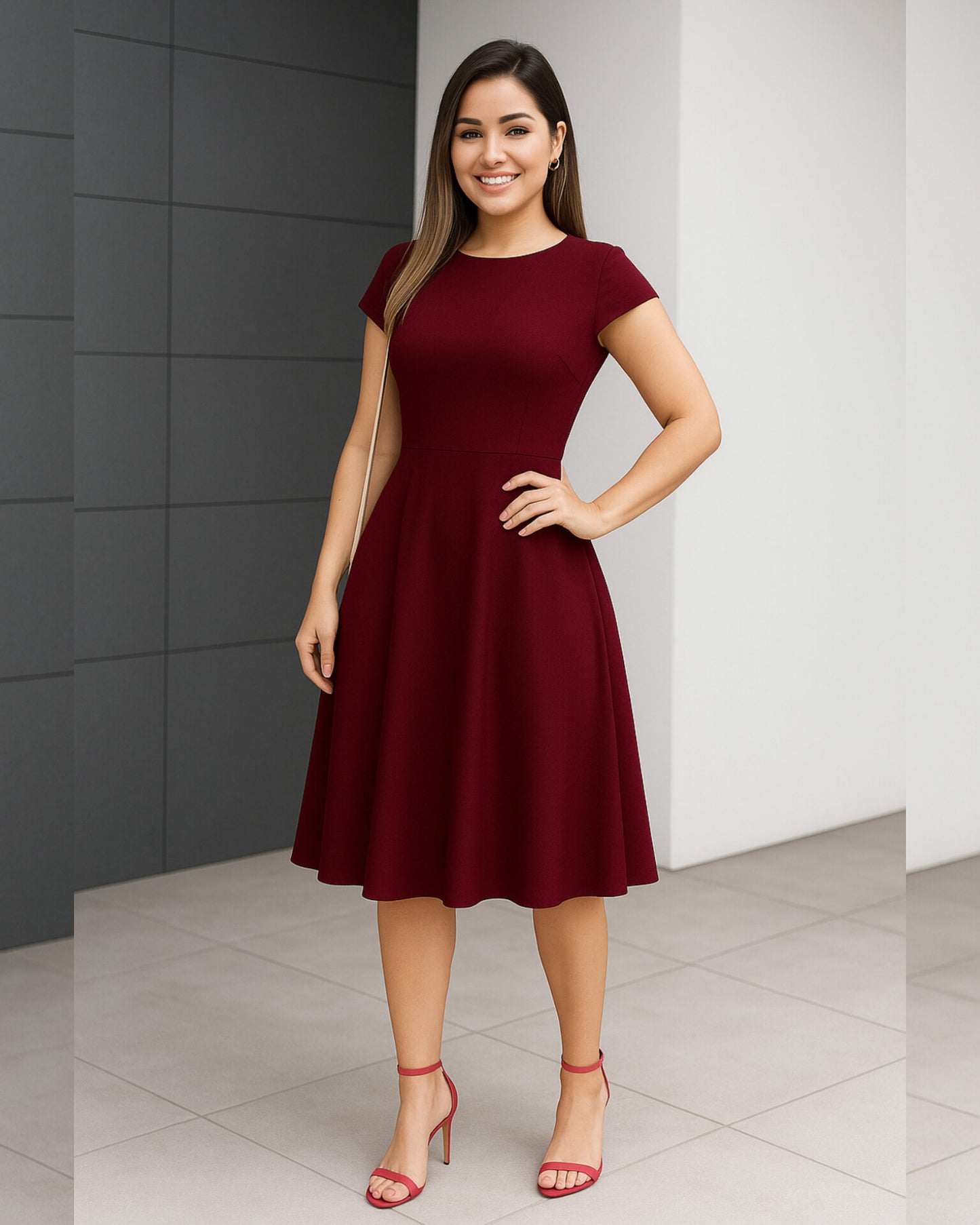 Vestido Acampanado Rojo Vino