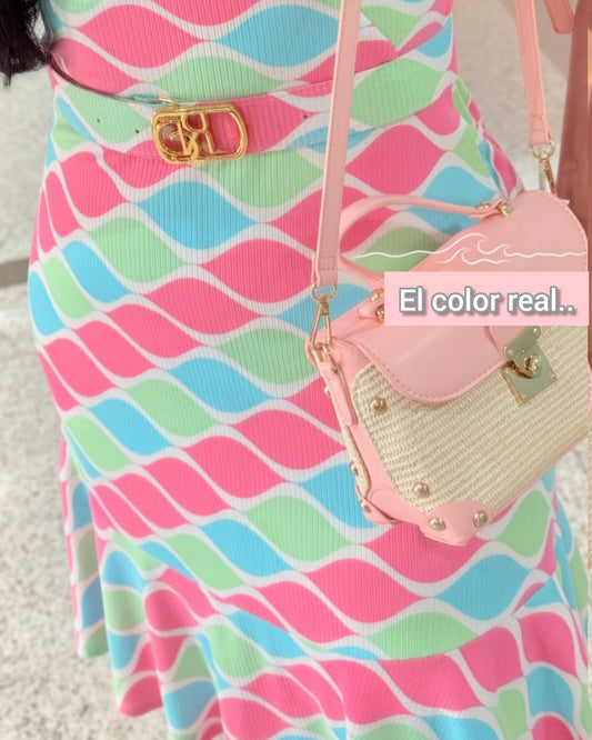 Vestido Tricolor Canelado c/Cinturón | Rosa