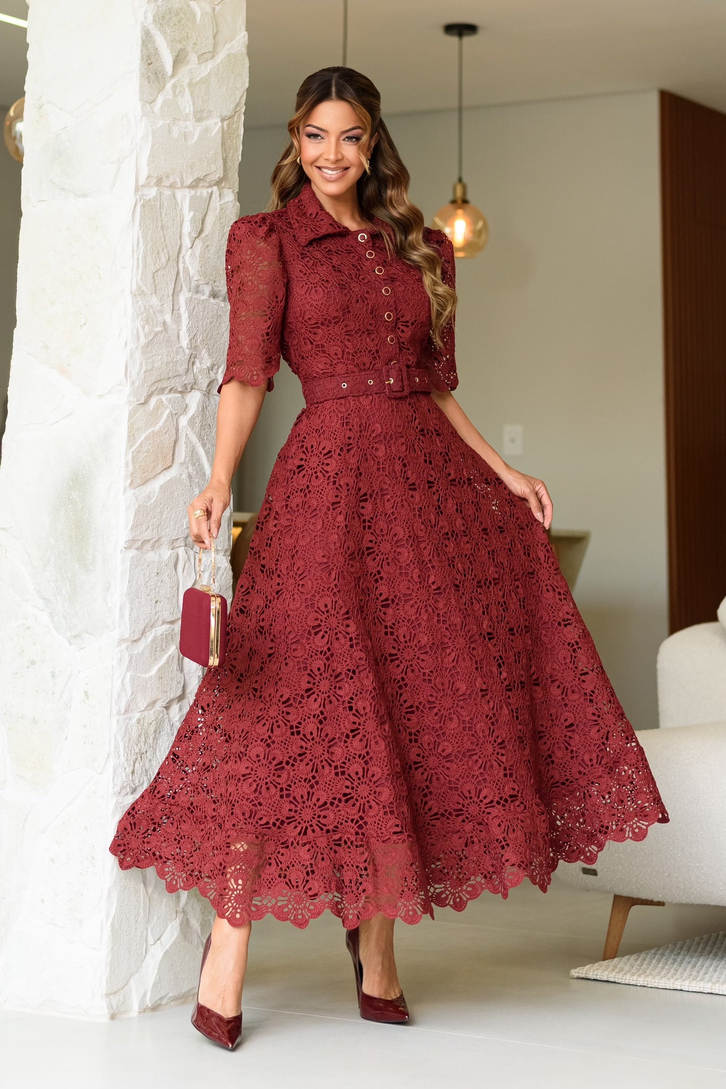 Vestido Couture de Crochét Borgoña