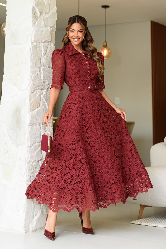 Vestido Couture de Crochét Borgoña