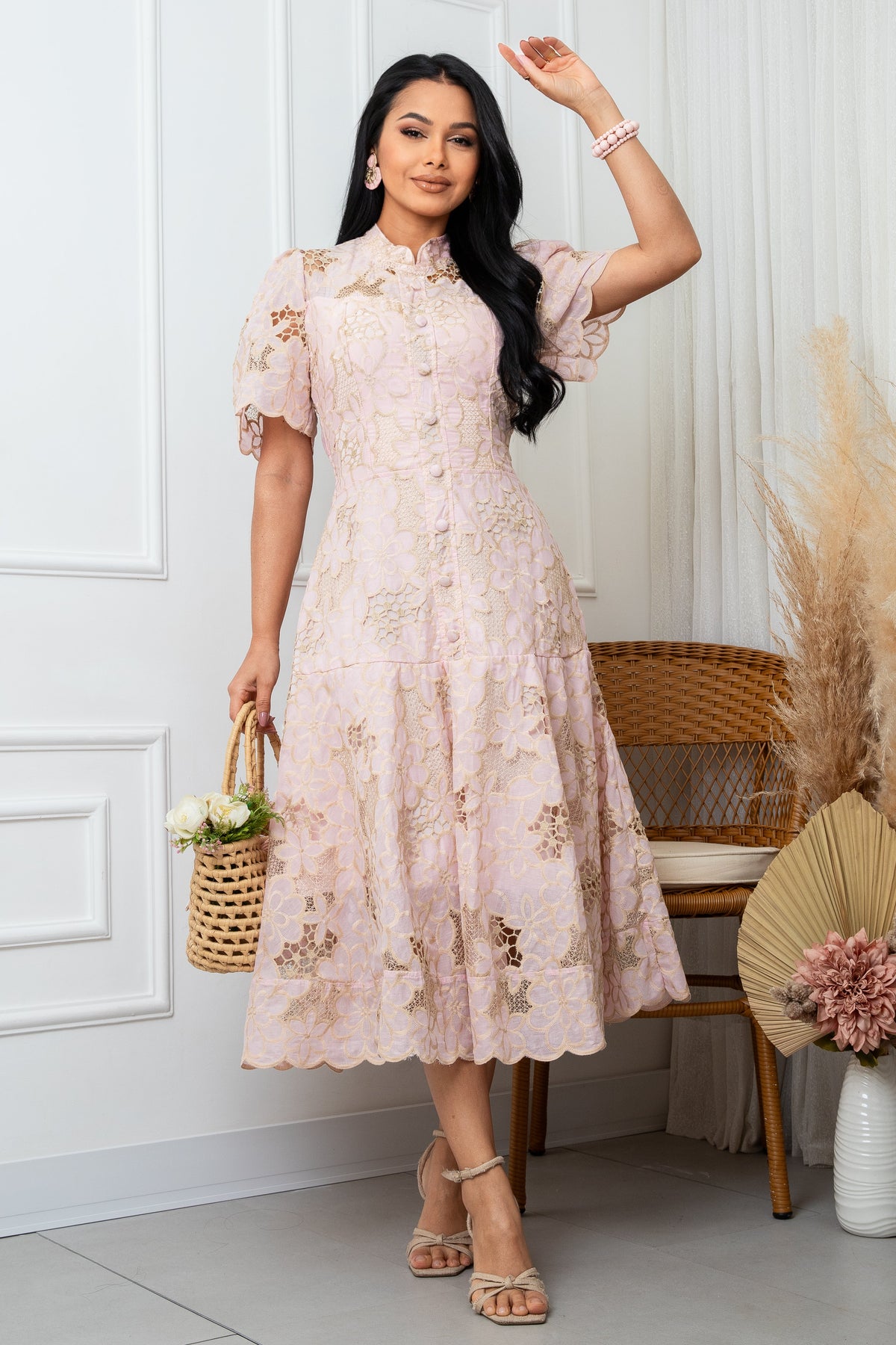 Vestido Zinnia Encaje Richelieu Rosa