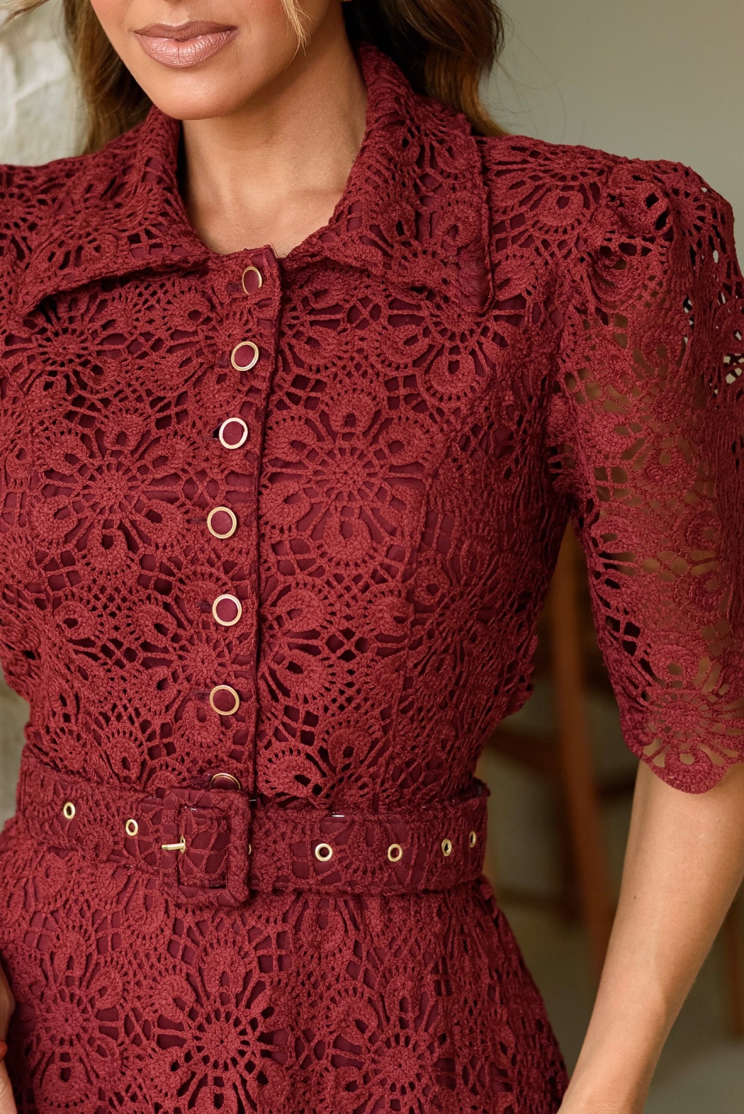Vestido Couture de Crochét Borgoña
