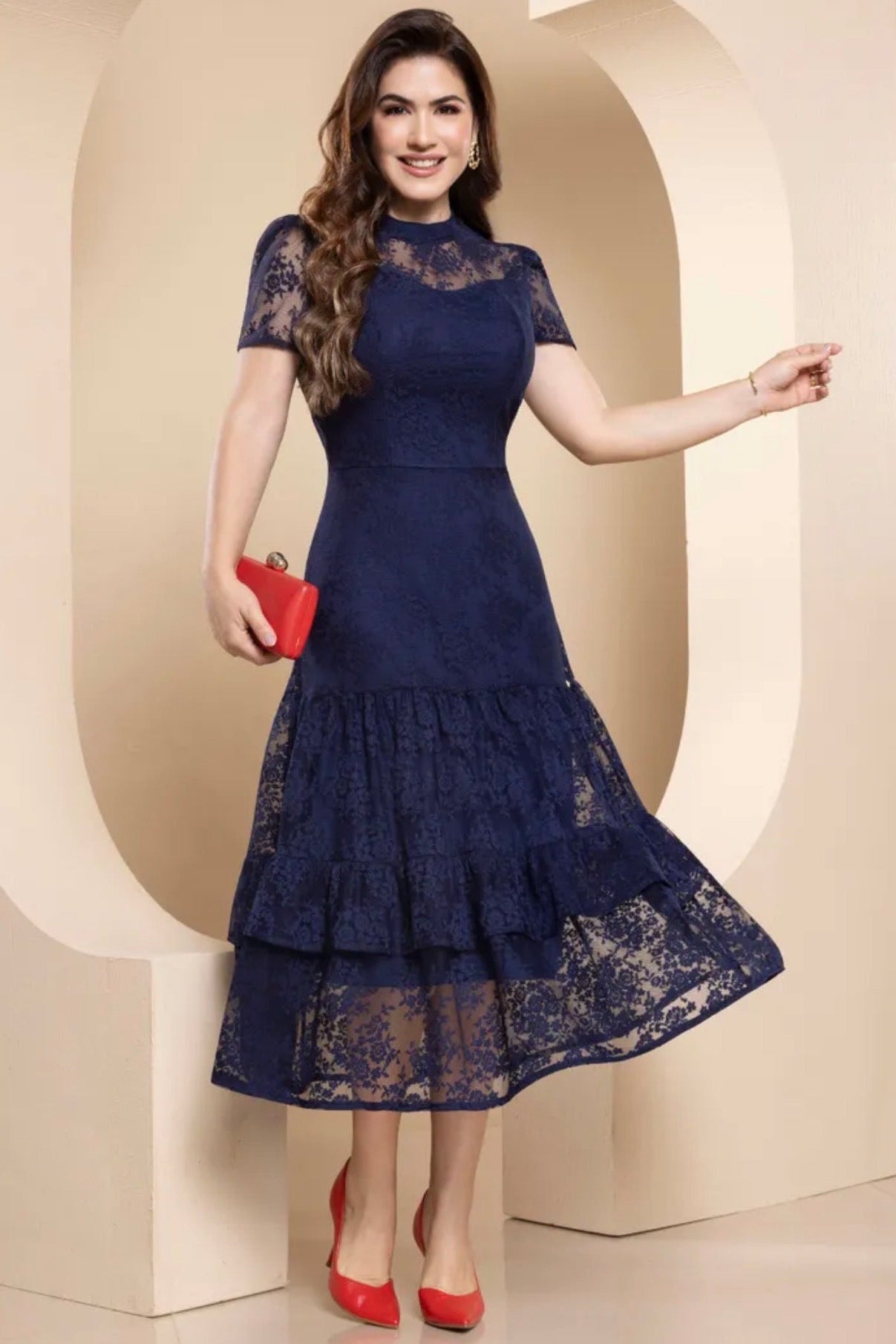 Vestido Cóctel Encaje Azul Marino