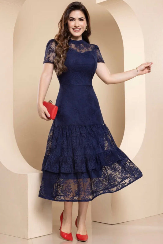 Vestido Cóctel Encaje Azul Marino