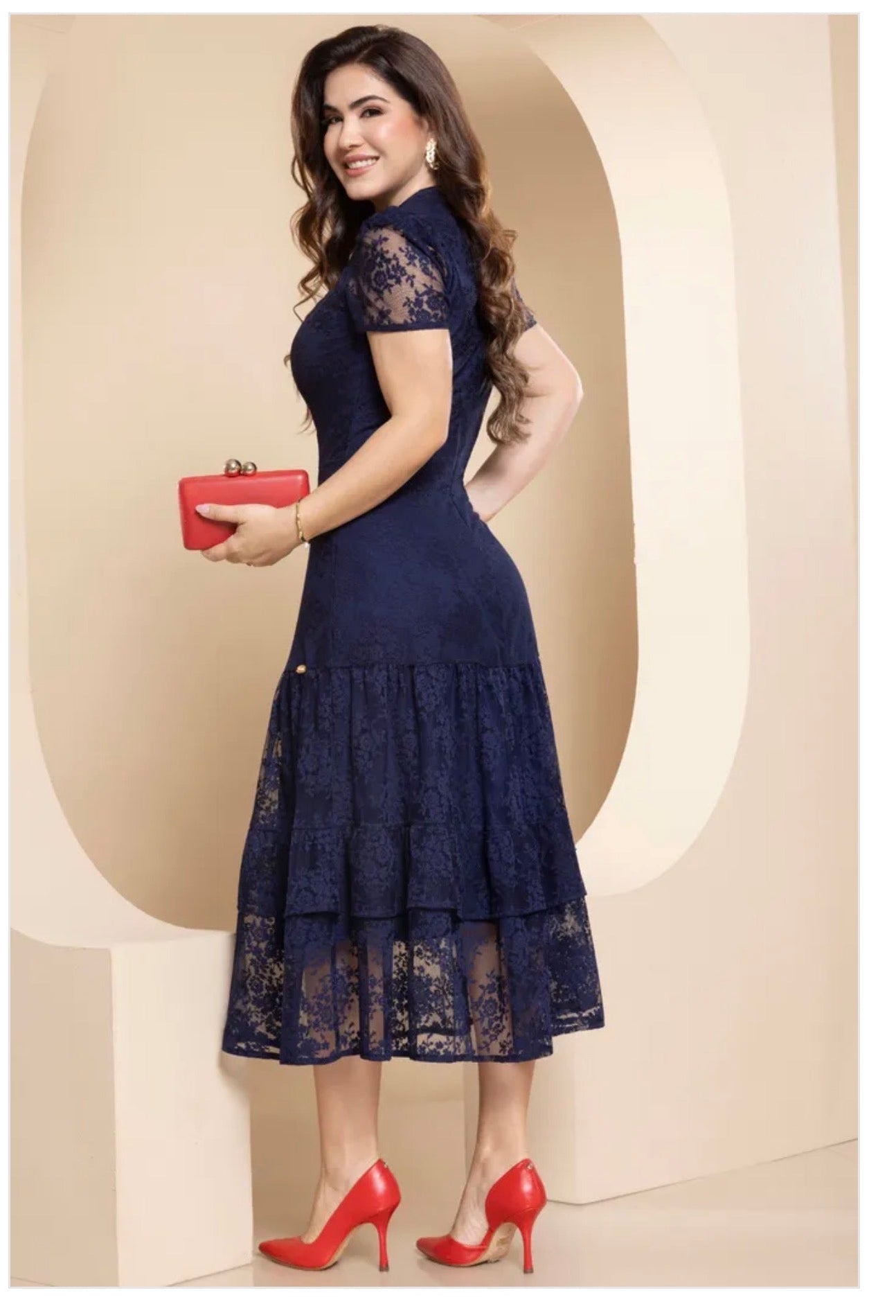 Vestido Cóctel Encaje Azul Marino