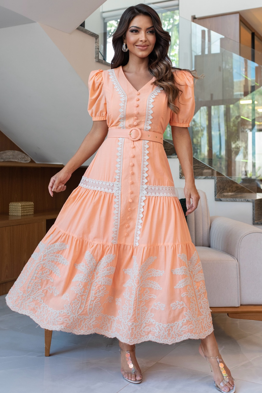 Vestido Coral Bordado Tropical