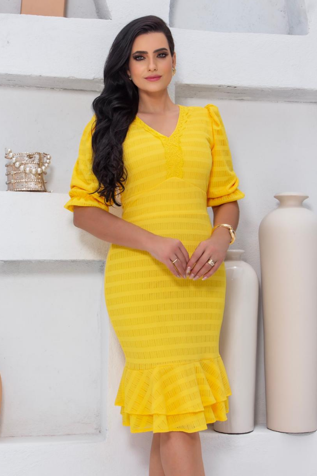 Vestido Amarillo c/Mangas & Encajes