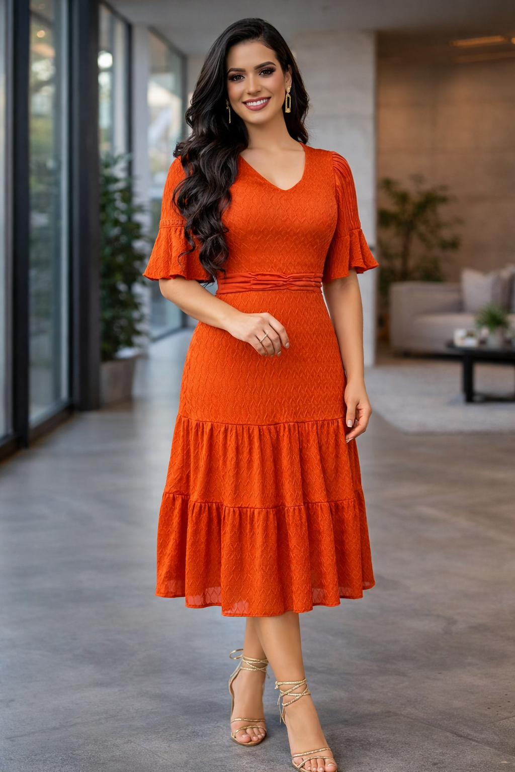 Vestido Maxi Midi Terracota Texturizado