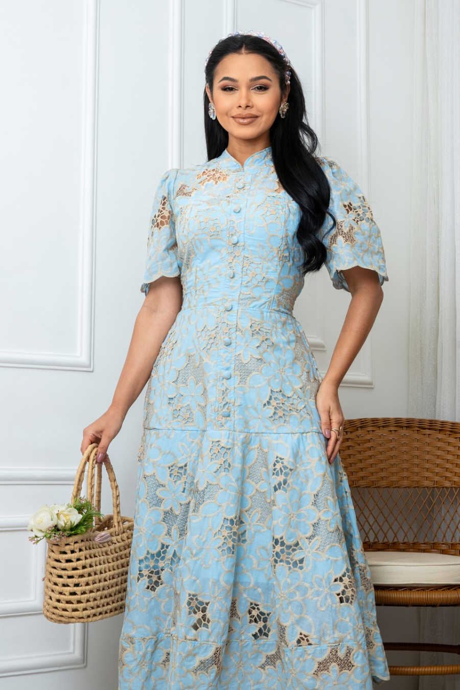 Vestido Zinnia Encaje Richelieu Celeste
