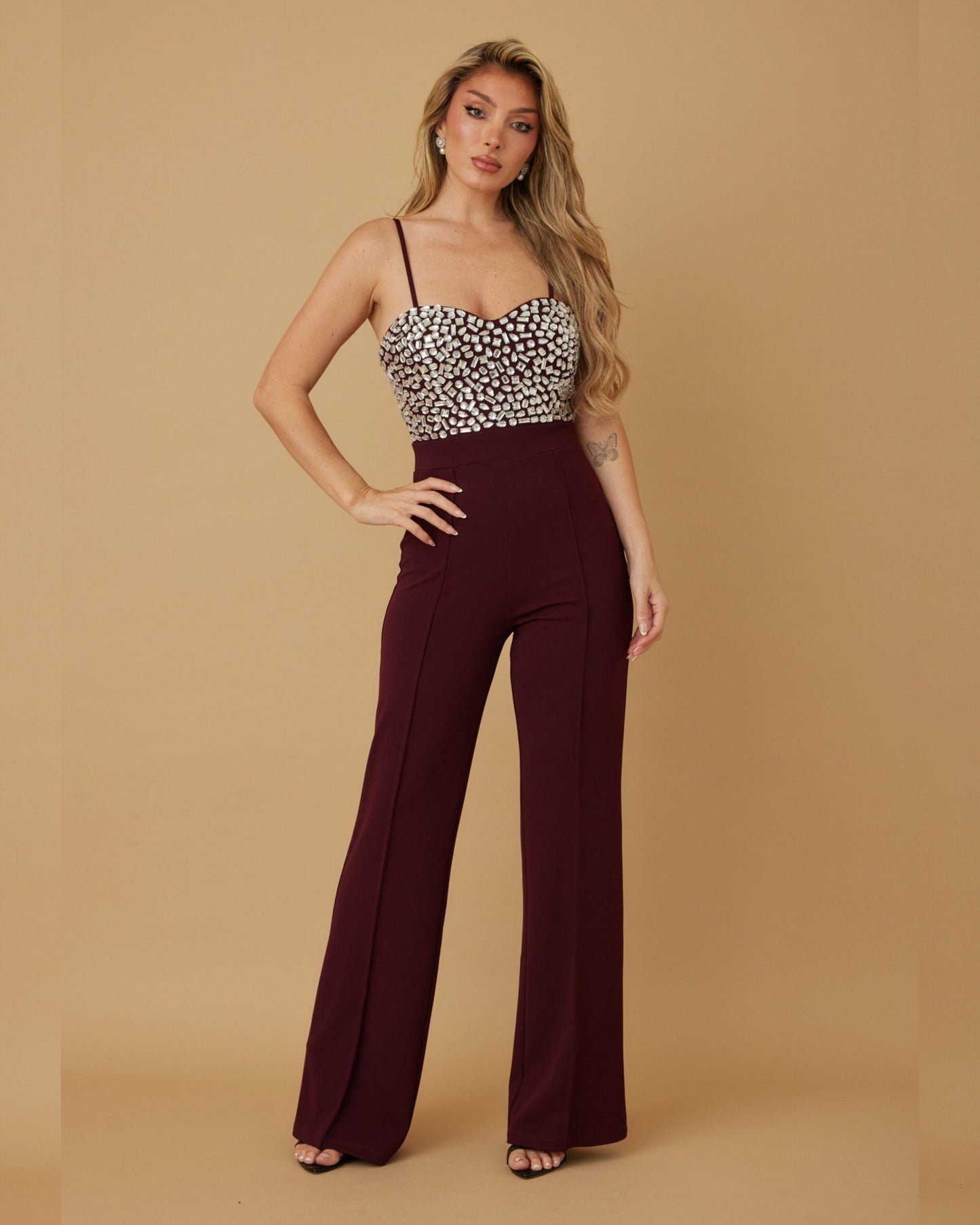 Jumpsuit Vino con Piedrería